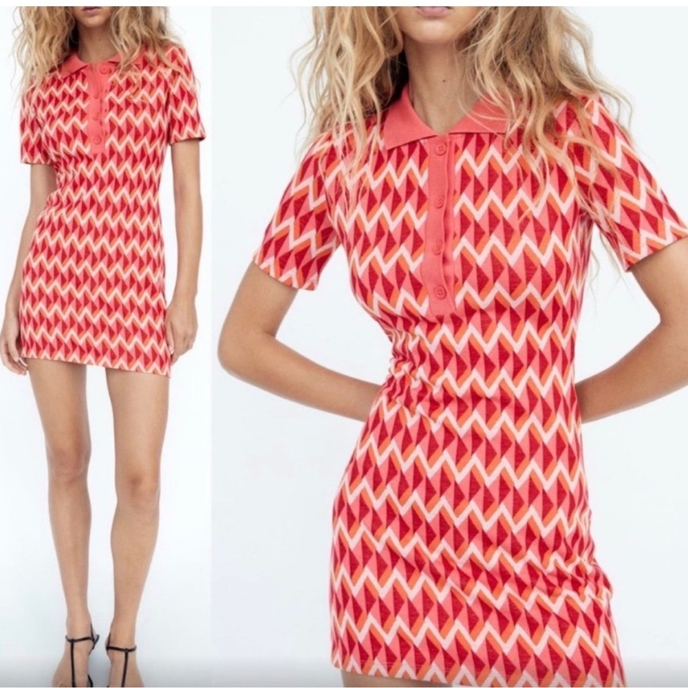 Zara Geometric Chevron Knit Polo Mini Dress Red Orange Retro Short Sleeve Small